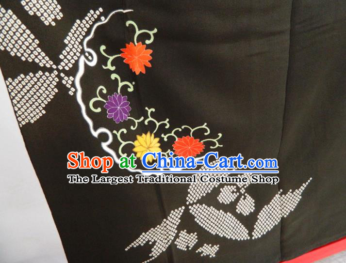 Japanese Traditional Ceremony Garment Costume Married Woman Black Yukata Dress Classical Petunia Pattern Kurotomesode Kimono Clothing
