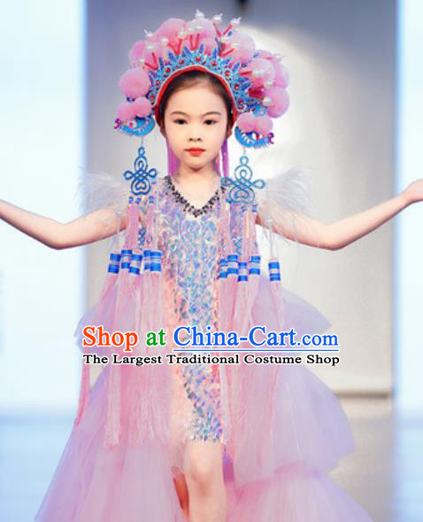 Custom Children Catwalks Garment Costume Piano Recital Pink Full Dress Girl Princess Fashion Modern Dance Clothing