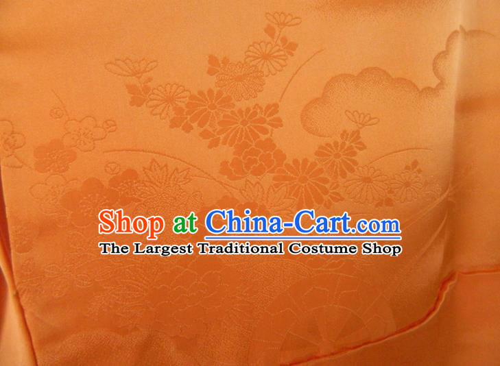 Japanese Young Woman Orange Silk Yukata Dress Classical Peony Fan Pattern Tsukesage Kimono Clothing Traditional Ceremony Garment Costume