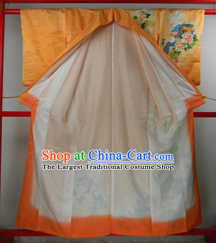 Japanese Young Woman Orange Silk Yukata Dress Classical Peony Fan Pattern Tsukesage Kimono Clothing Traditional Ceremony Garment Costume