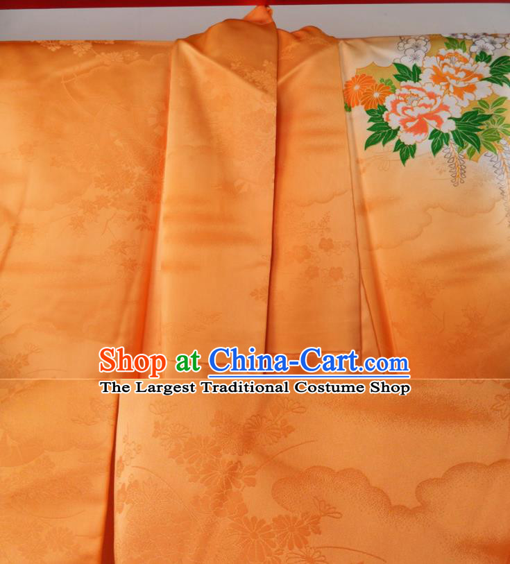 Japanese Young Woman Orange Silk Yukata Dress Classical Peony Fan Pattern Tsukesage Kimono Clothing Traditional Ceremony Garment Costume