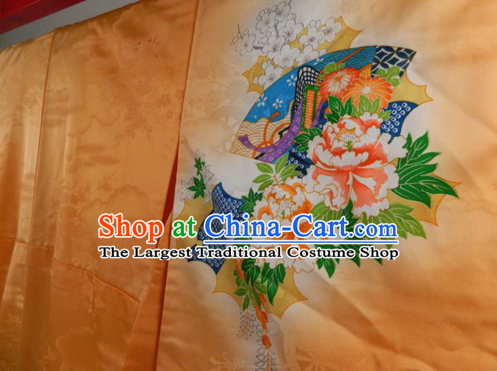 Japanese Young Woman Orange Silk Yukata Dress Classical Peony Fan Pattern Tsukesage Kimono Clothing Traditional Ceremony Garment Costume