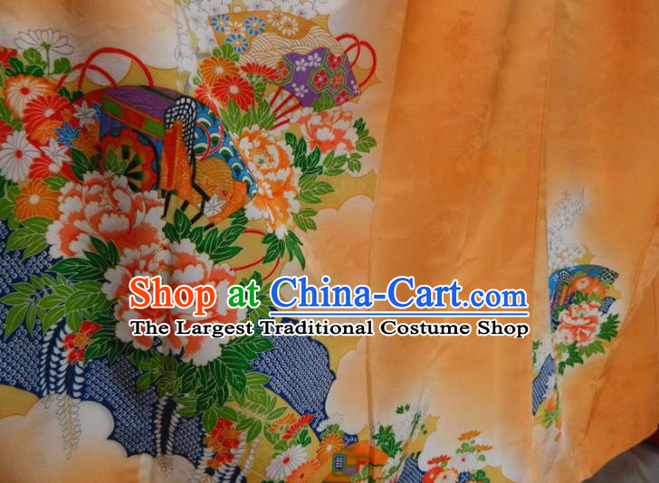 Japanese Young Woman Orange Silk Yukata Dress Classical Peony Fan Pattern Tsukesage Kimono Clothing Traditional Ceremony Garment Costume