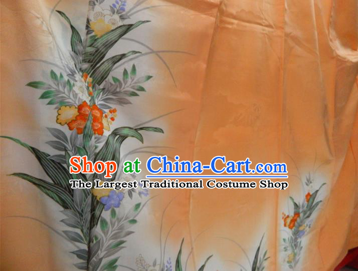Japanese Traditional Ceremony Garment Costume Young Woman Orange Silk Yukata Dress Classical Flowers Pattern Tsukesage Kimono Clothing