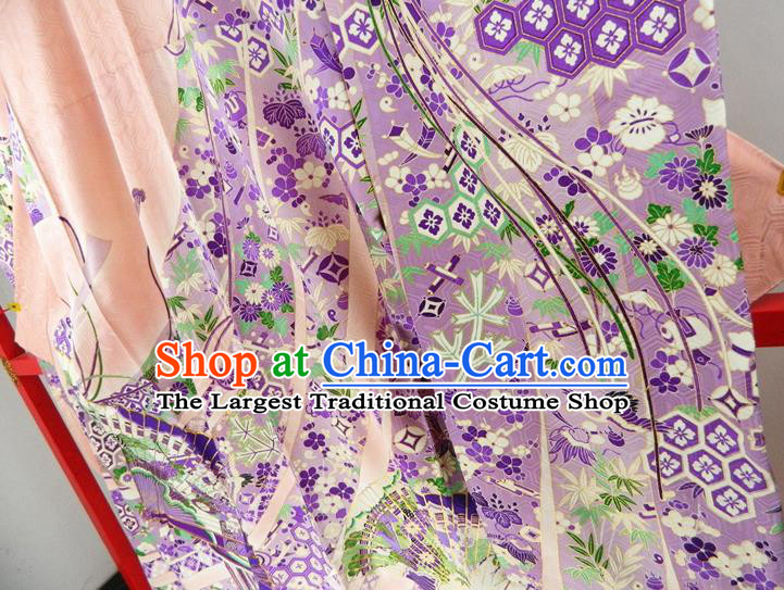 Japanese Classical Flowers Fan Pattern Pink Yukata Dress Traditional Furisode Kimono Clothing Festival Young Woman Garment Costume