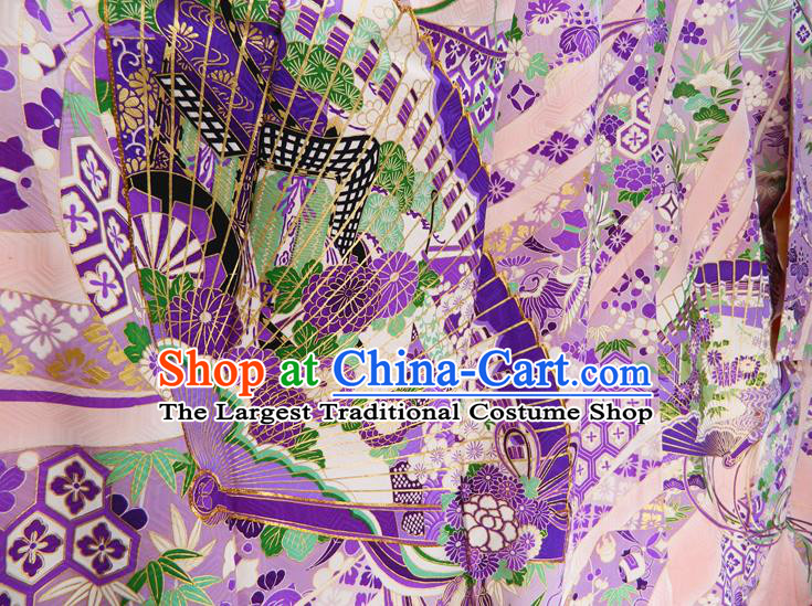 Japanese Classical Flowers Fan Pattern Pink Yukata Dress Traditional Furisode Kimono Clothing Festival Young Woman Garment Costume