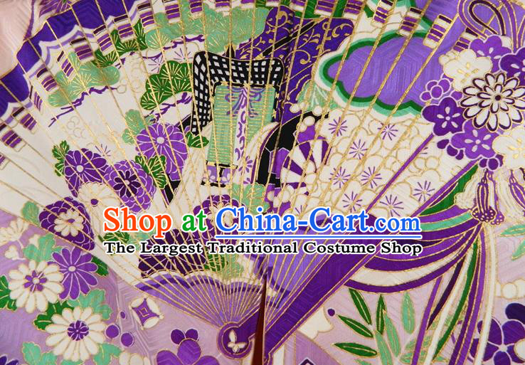 Japanese Classical Flowers Fan Pattern Pink Yukata Dress Traditional Furisode Kimono Clothing Festival Young Woman Garment Costume