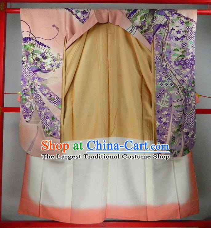 Japanese Classical Flowers Fan Pattern Pink Yukata Dress Traditional Furisode Kimono Clothing Festival Young Woman Garment Costume