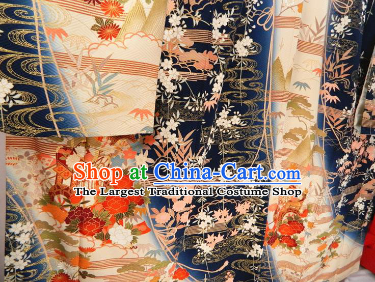 Japanese Summer Festival Garment Costume Classical Flowers Fan Pattern Yukata Dress Traditional Furisode Kimono Clothing