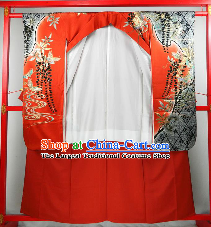 Japanese Traditional Wedding Furisode Kimono Clothing Summer Festival Garment Costume Classical Wisteria Pattern Red Yukata Dress