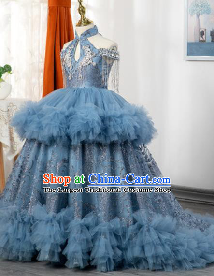 Custom Piano Recital Blue Trailing Full Dress European Girl Princess Fashion Modern Dance Clothing Children Catwalks Garment Costume