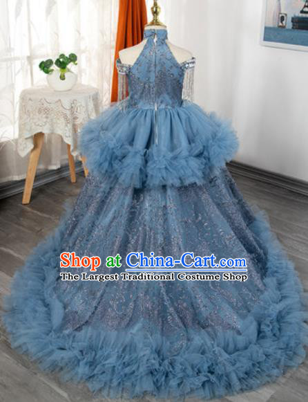 Custom Piano Recital Blue Trailing Full Dress European Girl Princess Fashion Modern Dance Clothing Children Catwalks Garment Costume
