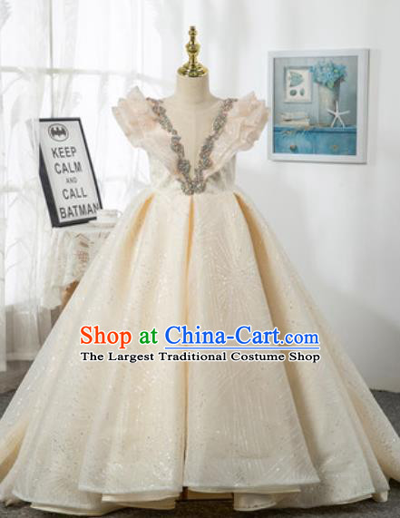 Custom Children Catwalks Garment Costume Piano Recital Beige Full Dress European Girl Princess Fashion Modern Dance Clothing