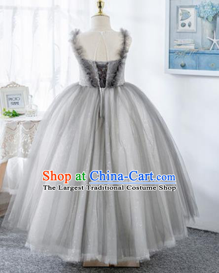 Custom Modern Dance Clothing Children Catwalks Garment Costume European Princess Grey Full Dress Girl Piano Recital Fashion