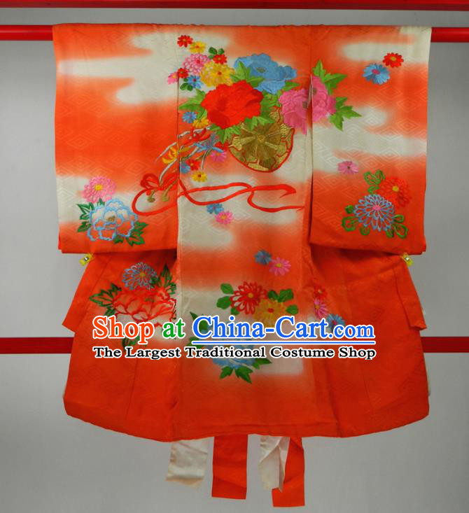 Japan Classical Peony Pattern Red Furisode Kimono Traditional Festival Yukata Dress Children Garment Costume