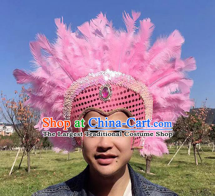 Professional Samba Dance Headdress Halloween Apache Tribal Chief Headwear Stage Show Hair Accessories Cosplay Warrior Pink Feather Hat