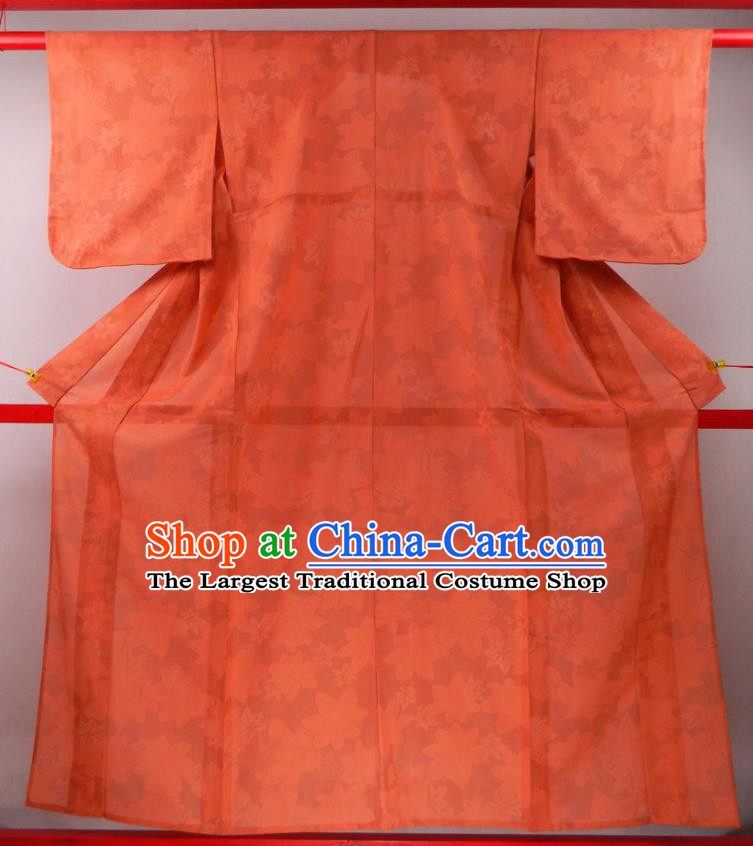Japanese Traditional Festival Garment Costume Young Woman Orange Silk Yukata Dress Classical Maple Leaf Pattern Iromuji Kimono Clothing