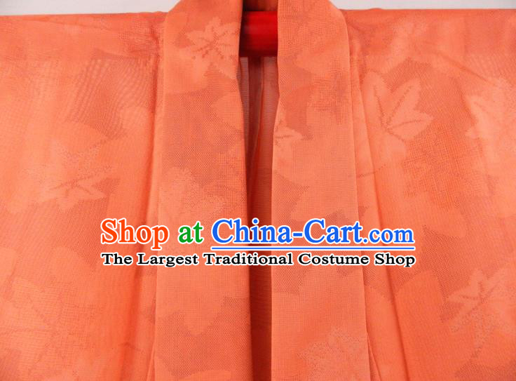 Japanese Traditional Festival Garment Costume Young Woman Orange Silk Yukata Dress Classical Maple Leaf Pattern Iromuji Kimono Clothing
