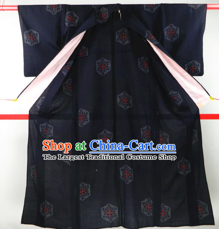 Japanese Classical Rhombus Pattern Edo Komon Kimono Clothing Traditional Festival Garment Costume Young Woman Navy Silk Yukata Dress