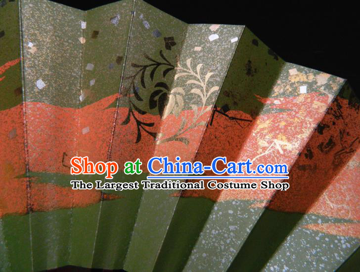 Japan Handmade Kimono Accordion Craft Geisha Dance Fan Traditional Stage Performance Green Folding Fan