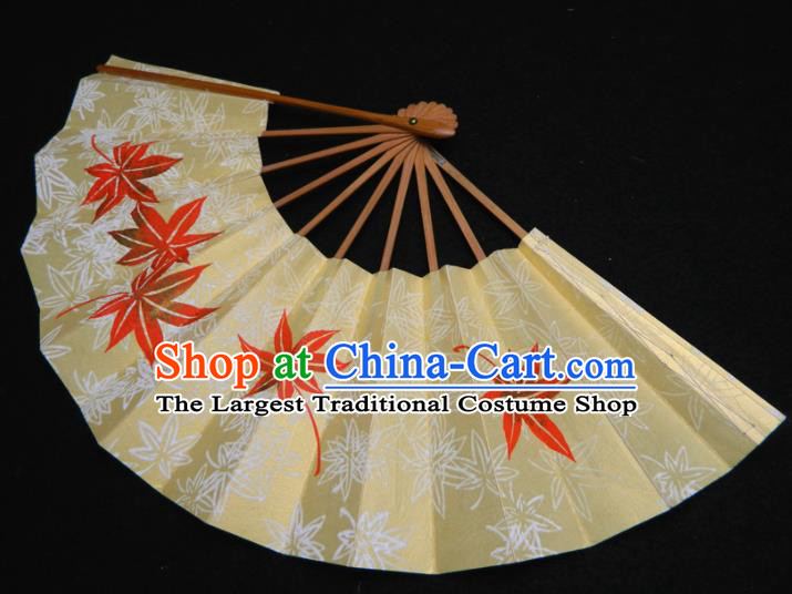 Japan Geisha Dance Yellow Fan Traditional Printing Maple Leaf Folding Fan Handmade Kimono Accordion Craft