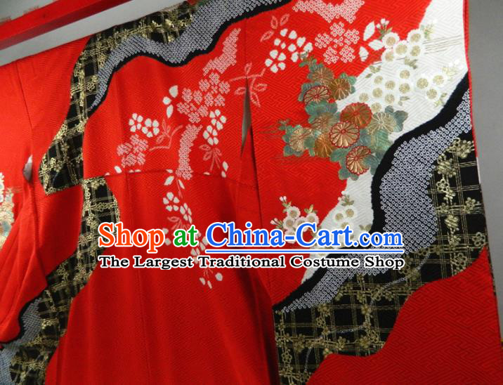 Japanese Bride Red Silk Yukata Dress Classical Sakura Pattern Furisode Kimono Clothing Traditional Wedding Garment Costume