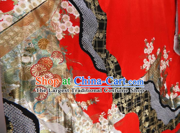 Japanese Bride Red Silk Yukata Dress Classical Sakura Pattern Furisode Kimono Clothing Traditional Wedding Garment Costume
