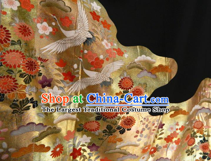 Japanese Classical Chrysanthemum Cranes Pattern Kurotomesode Kimono Clothing Traditional Court Garment Costume Elderly Woman Black Yukata Dress