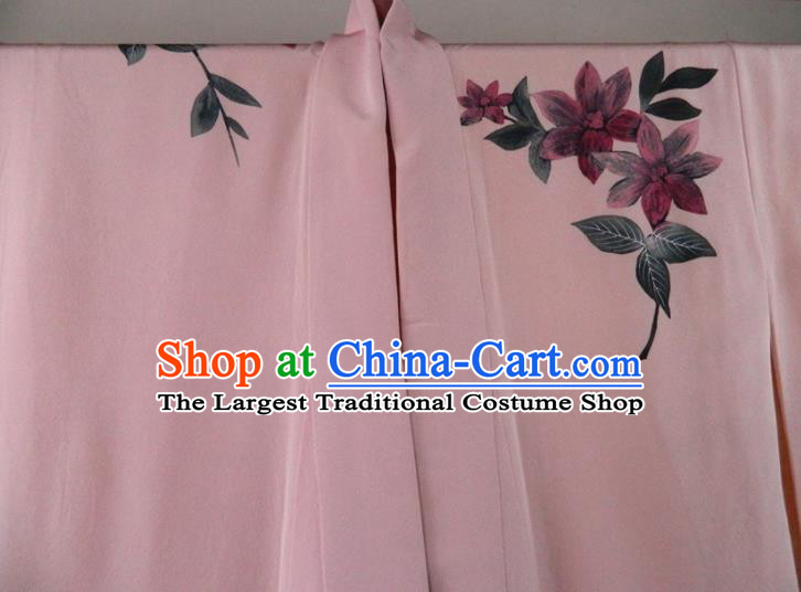 Japanese Traditional Printing Garment Costume Young Woman Pink Yukata Dress Classical Lily Flowers Pattern Tsukesage Kimono Clothing