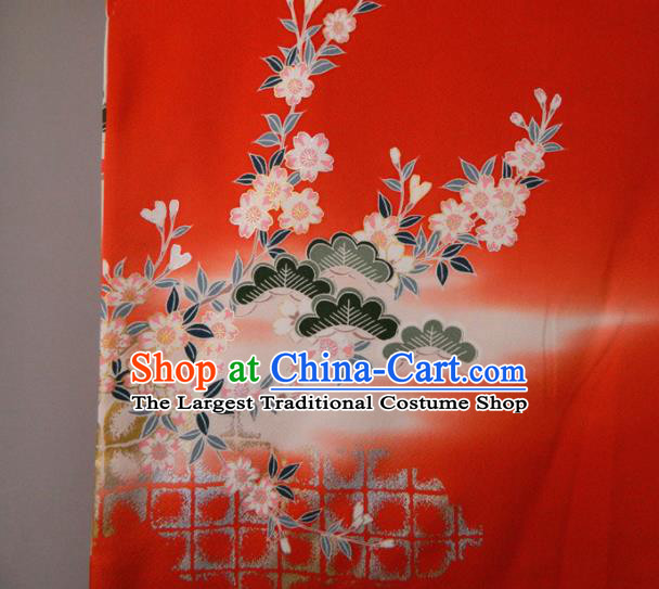 Japanese Classical Peony Pattern Furisode Kimono Clothing Traditional Wedding Garment Costume Bride Red Yukata Dress
