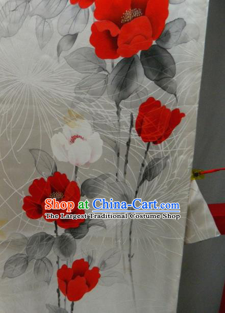 Japanese Bride White Silk Yukata Dress Classical Rose Flowers Pattern Furisode Kimono Clothing Traditional Court Empress Garment Costume