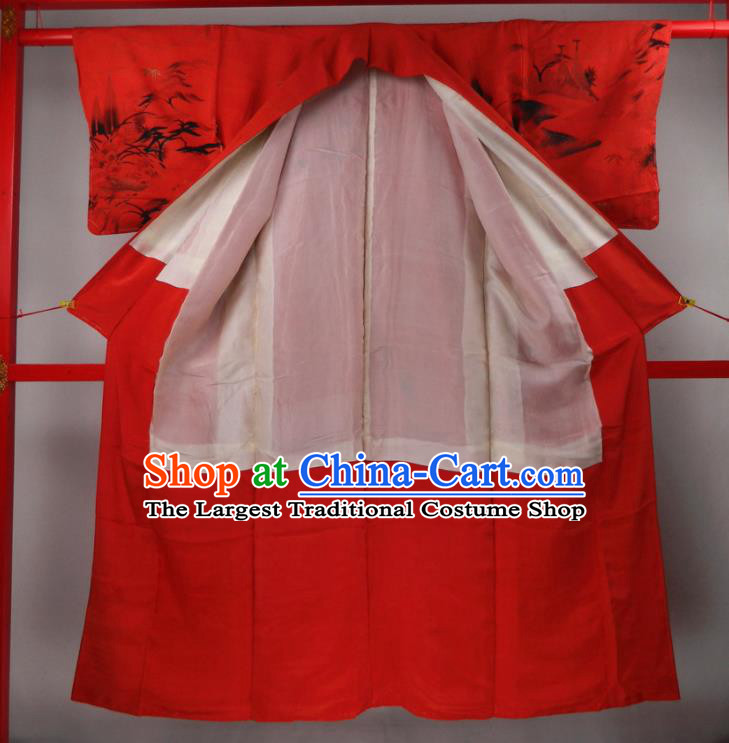 Japanese Traditional Ceremony Garment Costume Young Woman Red Yukata Dress Classical Scenery Pattern Tsukesage Kimono Clothing