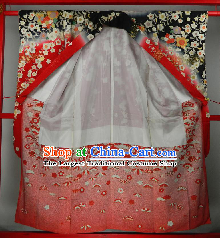 Japanese Wedding Bride Red Yukata Dress Classical Flowers Pattern Furisode Kimono Clothing Traditional Court Empress Garment Costume
