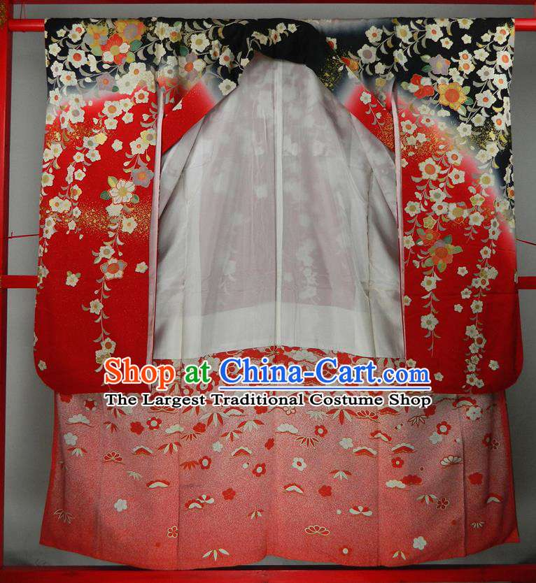 Japanese Wedding Bride Red Yukata Dress Classical Flowers Pattern Furisode Kimono Clothing Traditional Court Empress Garment Costume