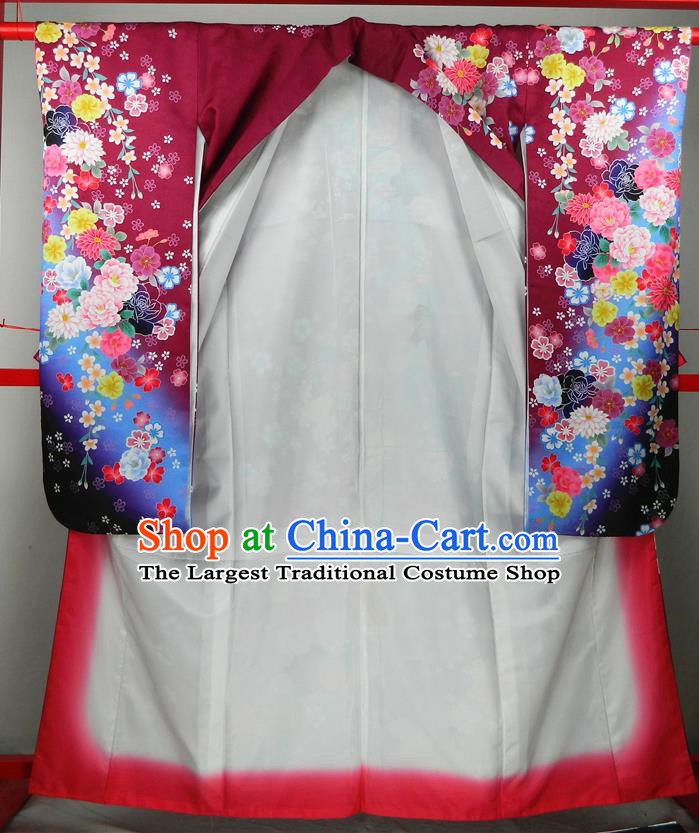 Japanese Traditional Wedding Furisode Kimono Clothing Court Empress Garment Costume Classical Peony Pattern Wine Red Yukata Dress