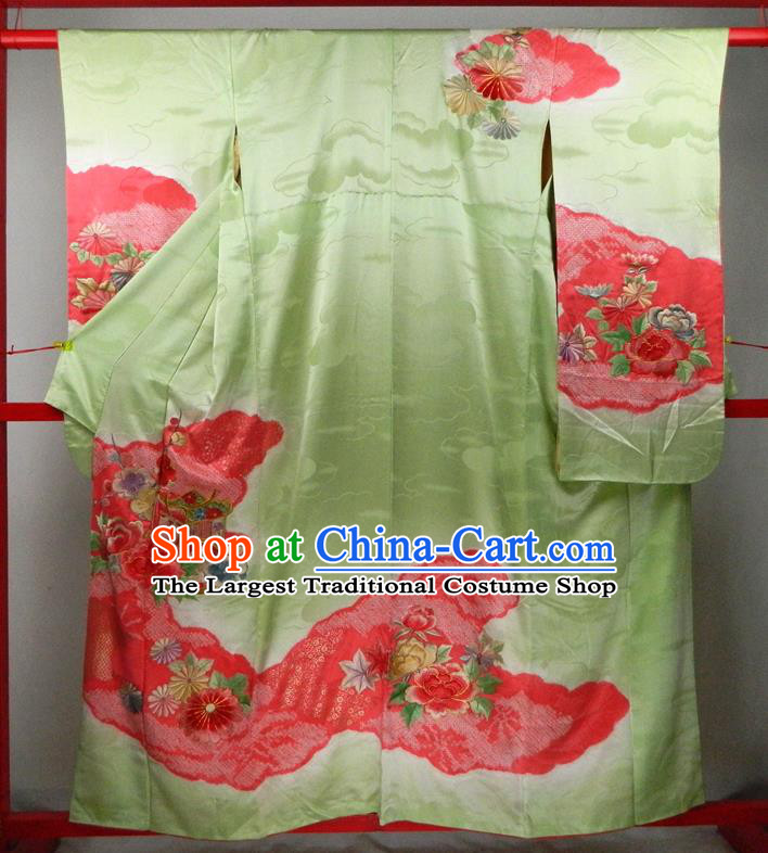 Japanese Classical Embroidered Peony Pattern Green Silk Yukata Dress Traditional Wedding Furisode Kimono Clothing Court Empress Garment Costume