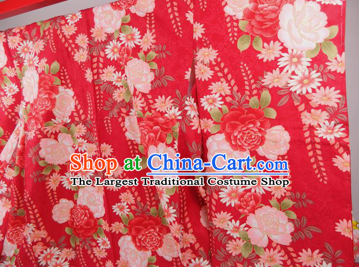 Japanese Court Woman Garment Costume Classical Peony Pattern Red Yukata Dress Traditional Wedding Furisode Kimono Clothing
