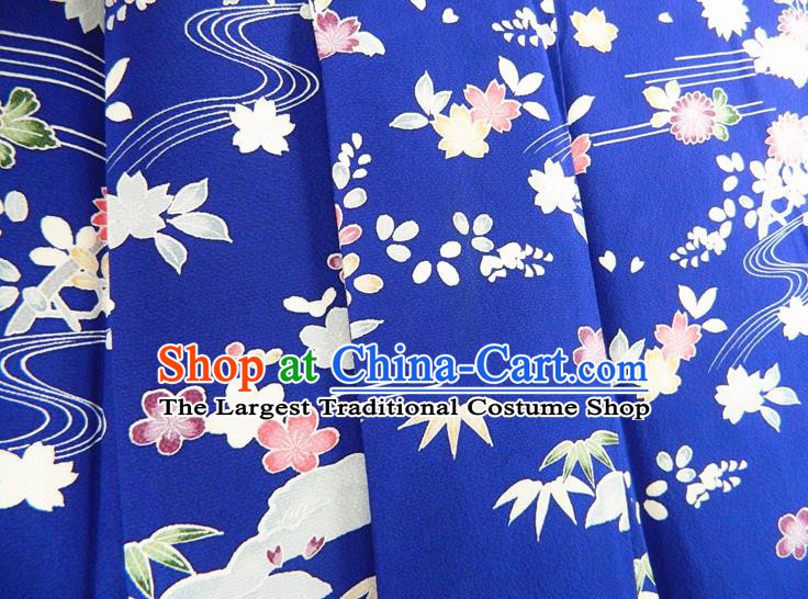 Japanese Traditional Wedding Furisode Kimono Clothing Court Woman Garment Costume Classical Chrysanthemum Bamboo Leaf Pattern Royalblue Yukata Dress