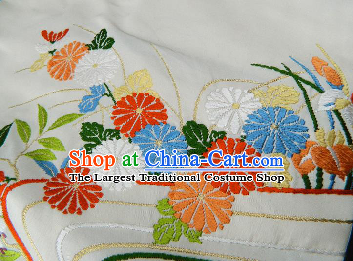 Japanese Traditional Embroidered Chrysanthemum Kimono Belt Handmade White Brocade Waistband Classical Yukata Dress Hekoobi Accessories
