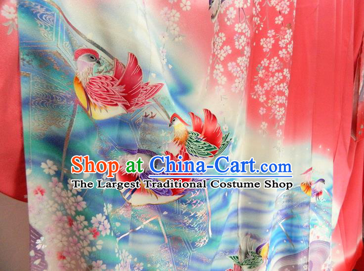 Japanese Classical Sakura Mandarin Duck Pattern Red Yukata Dress Traditional Furisode Kimono Clothing Wedding Bride Garment Costume