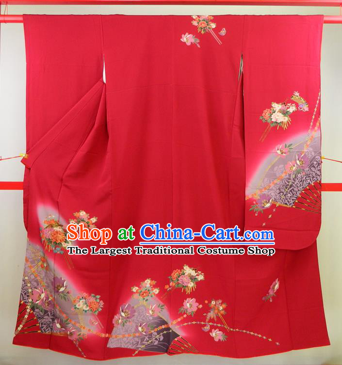 Japanese Wedding Bride Garment Costume Classical Peony Fan Pattern Red Yukata Dress Traditional Furisode Kimono Clothing