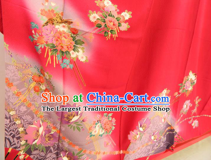 Japanese Wedding Bride Garment Costume Classical Peony Fan Pattern Red Yukata Dress Traditional Furisode Kimono Clothing