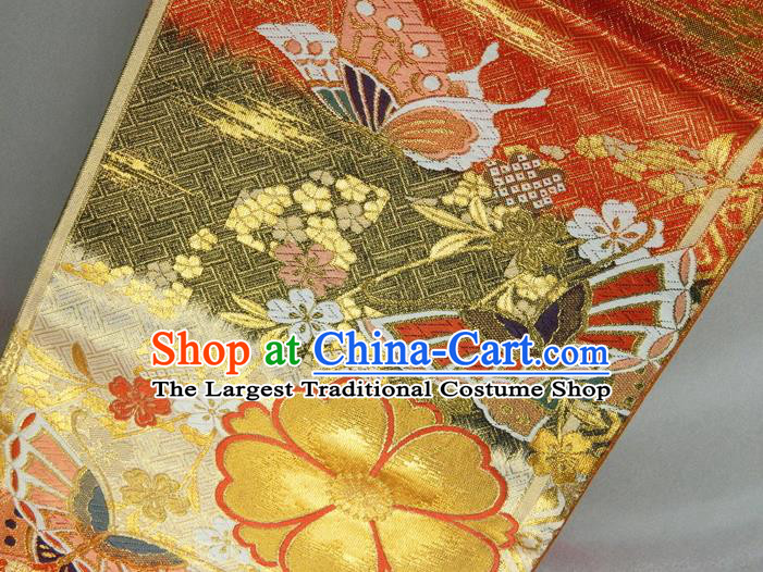 Japanese Classical Yukata Dress Hekoobi Accessories Traditional Butterfly Flowers Pattern Kimono Belt Handmade Red Brocade Waistband