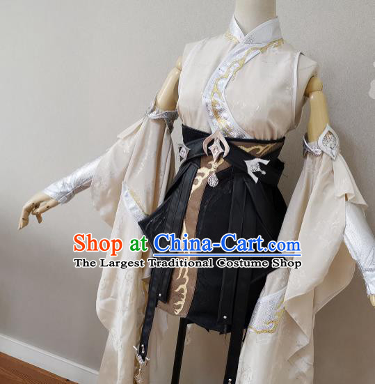 China Cosplay Swordswoman Garment Costumes Ancient Young Lady Beige Dress Outfits Traditional JX Online Clothing