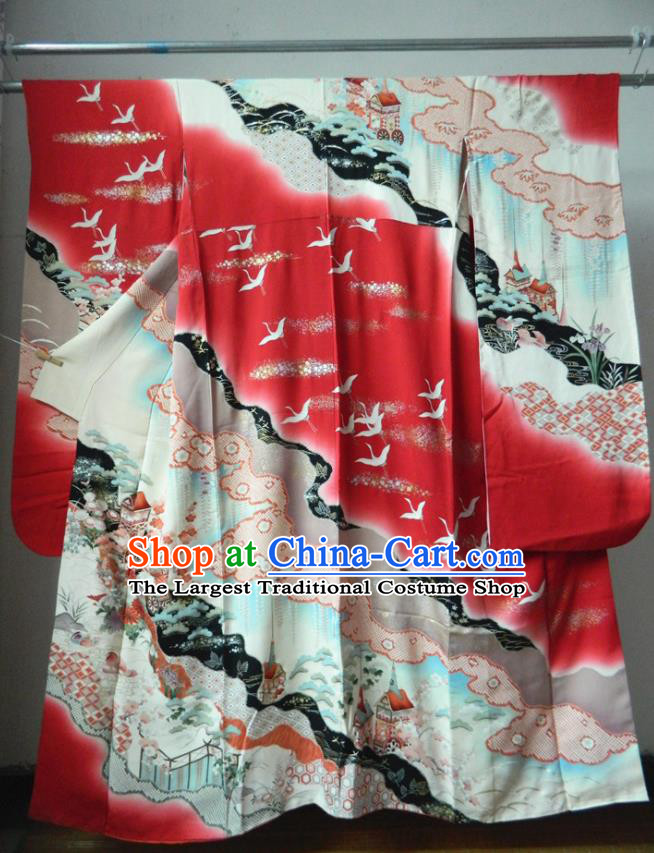 Japanese Classical Cranes Pattern Red Yukata Dress Traditional Court Furisode Kimono Clothing Wedding Bride Garment Costume