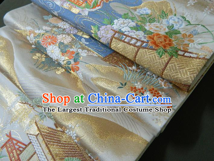 Japanese Handmade Kimono Waistband Classical Yukata Dress Hekoobi Accessories Traditional Dragon Boat Pattern White Brocade Belt