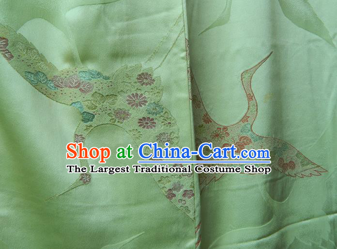 Japanese Traditional Court Furisode Kimono Clothing Young Woman Garment Costume Classical Cranes Pattern Green Silk Yukata Dress