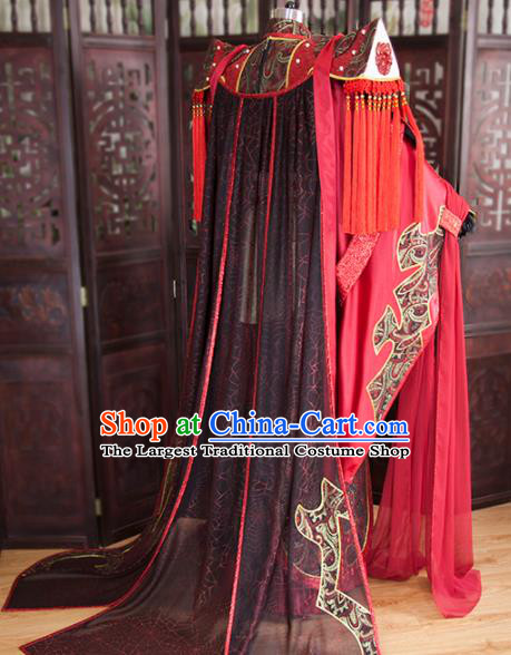 China Ancient Demon King Garment Costumes Traditional Puppet Show Emperor Uniforms Cosplay Swordsman Red Hanfu Clothing