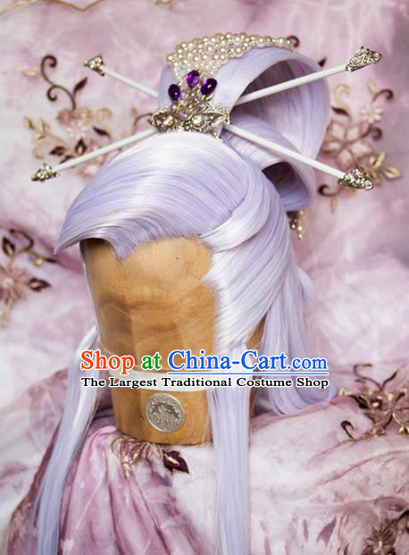 Chinese Ancient Swordsman Hair Accessories Traditional Hanfu Lilac Wigs Sheath Cosplay Knight Hairpieces and Hairpins