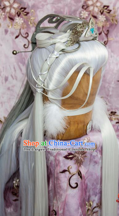 Chinese Cosplay Taoist Priest Hairpieces and Hairpins Ancient Swordsman Hair Accessories Traditional Hanfu White Wigs Sheath